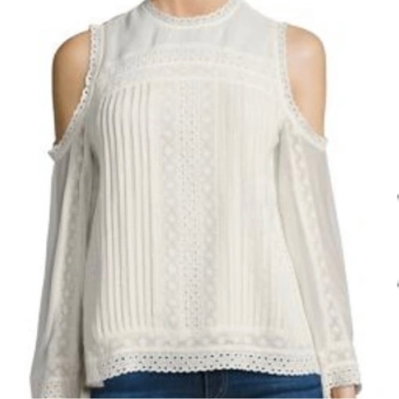 Alice and Olivia Ophelia Eyelet Lace Cold-Shoulder Ivory Blouse - Picture 2 of 15